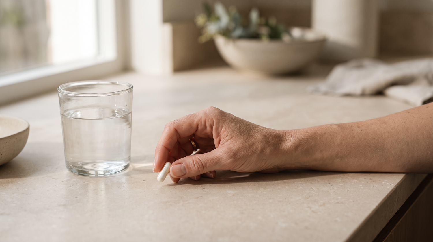 TRIADA ritual band - hand with capsule and glass of water