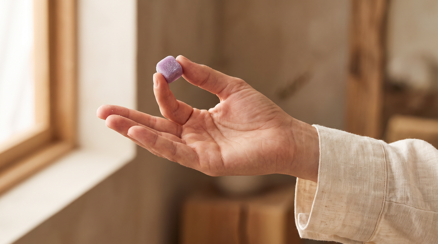 Hand holding a blackberry Reishi gummy