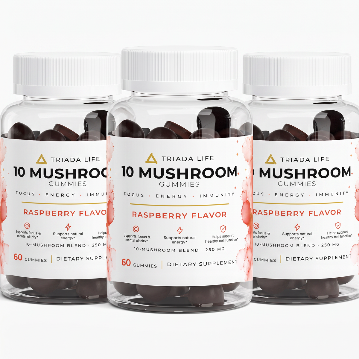 Three bottles of TRIADA LIFE Mushroom Gummies, the 3 Month Supply