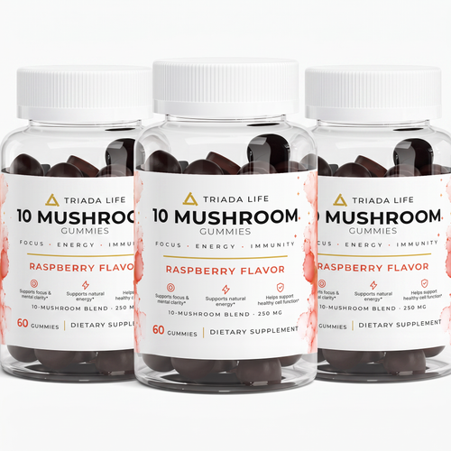 Three bottles of TRIADA LIFE Mushroom Gummies, the 3 Month Supply