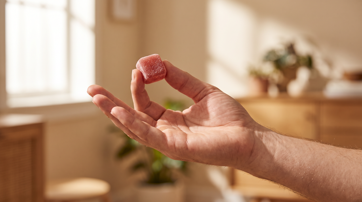 Hand holding a passionfruit Biotin gummy