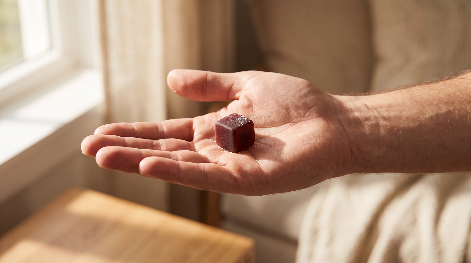 Hand holding a raspberry Mushroom gummy