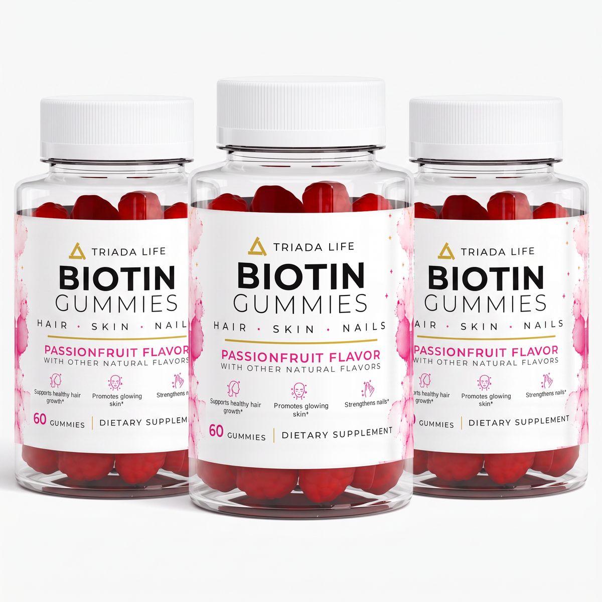 Three bottles of TRIADA LIFE Biotin Hair, Skin and Nails Gummies, the 3 Month Supply