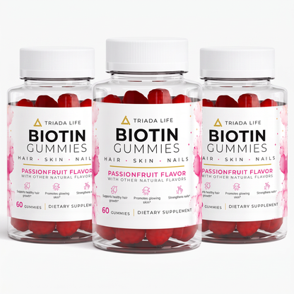 Three bottles of TRIADA LIFE Biotin Hair, Skin and Nails Gummies, the 3 Month Supply