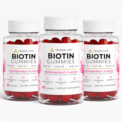 Three bottles of TRIADA LIFE Biotin Hair, Skin and Nails Gummies, the 3 Month Supply
