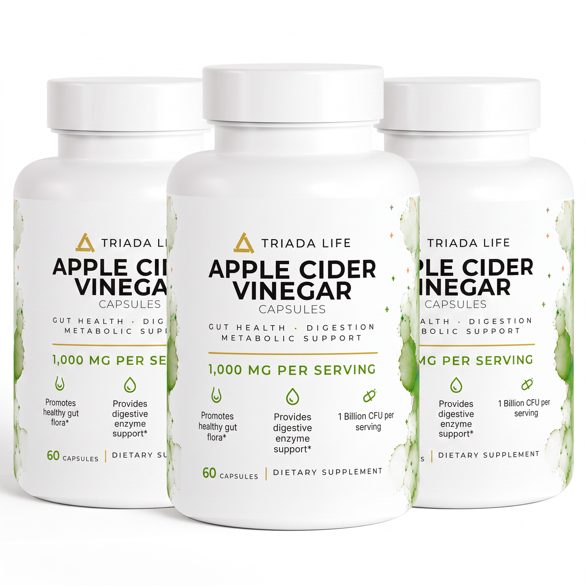 Three bottles of TRIADA LIFE Apple Cider Vinegar Capsules, the 3 Month Supply