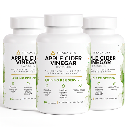 Three bottles of TRIADA LIFE Apple Cider Vinegar Capsules, the 3 Month Supply
