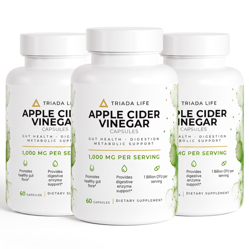 Three bottles of TRIADA LIFE Apple Cider Vinegar Capsules, the 3 Month Supply