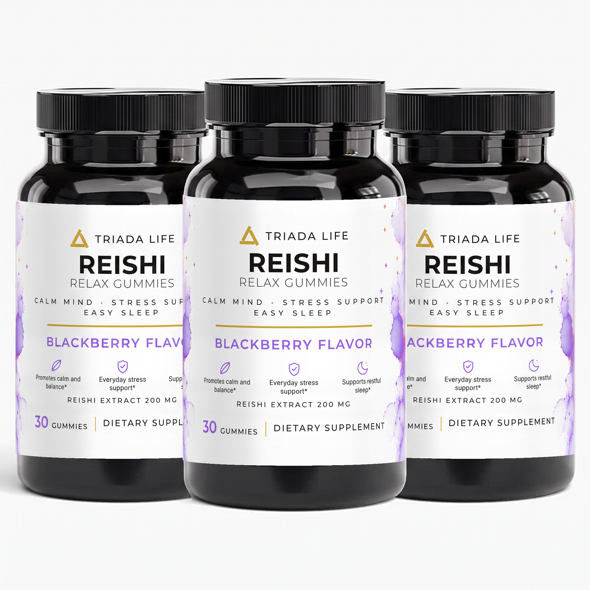 Three bottles of TRIADA LIFE Reishi Relax Gummies, the 3 bottle pack