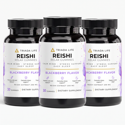 Three bottles of TRIADA LIFE Reishi Relax Gummies, the 3 bottle pack