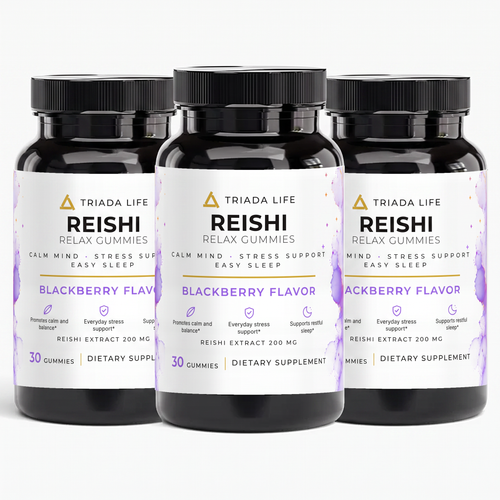 Three bottles of TRIADA LIFE Reishi Relax Gummies, the 3 bottle pack