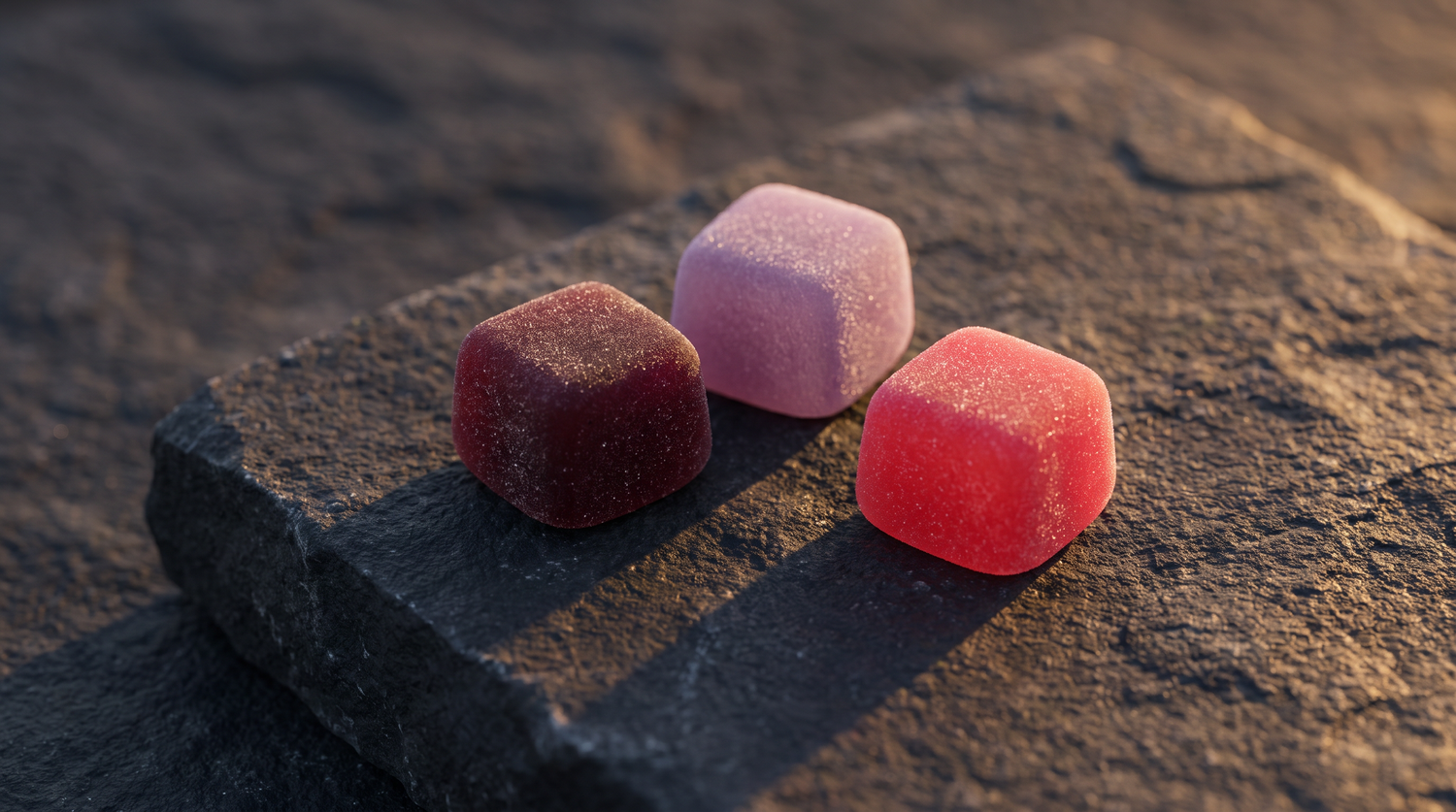 Three TRIADA gummies on dark slate