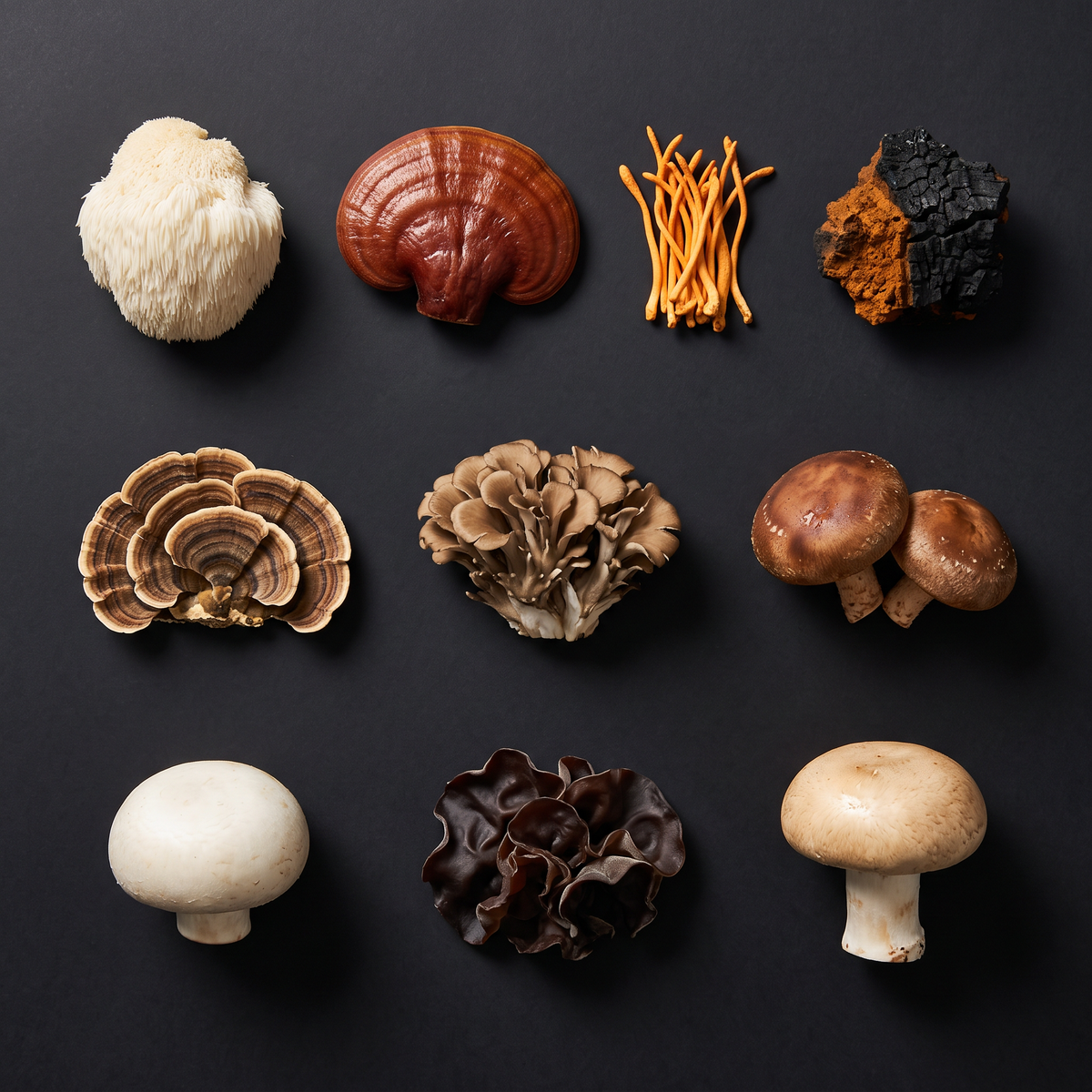 The ten mushrooms in TRIADA LIFE Mushroom Gummies, photographed separately: lion's mane, reishi, cordyceps, chaga, turkey tail, maitake, shiitake, white button, black fungus and royal sun